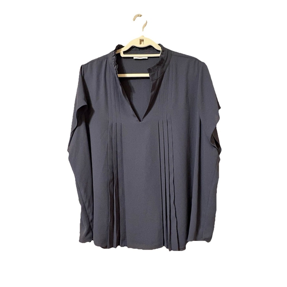 Calvin Klein Blouse Navy Blue Long Sleeve Pleated Ruffle V-Neck Chiffon